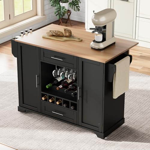 BENMWS Carrito de cocina con encimera plegable, color negro, 90 x 140 cm, isla de cocina con ruedas, con estante para vino, soporte para cristal, estante para especias y toallero, carrito