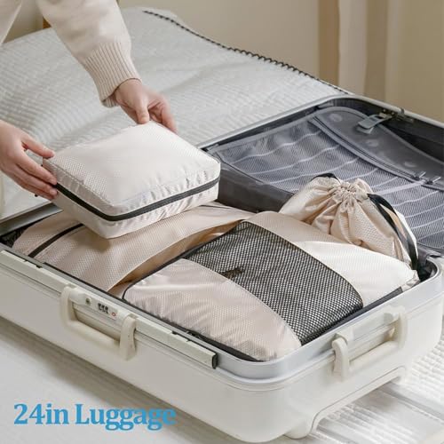 Image of House of Quirk Polyester Compression Packing Cubes for Travel, 6 Set Organizer Compressible Essentials (Beige)