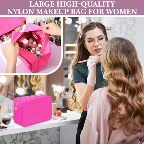 Hushee 4 Pcs Nylon Makeup Bag Christmas Gifts Preppy Zipper Pouch Nylon Toiletry Bag Waterproof Storage Bag for Women Organizer(Large,Hot Pink)3