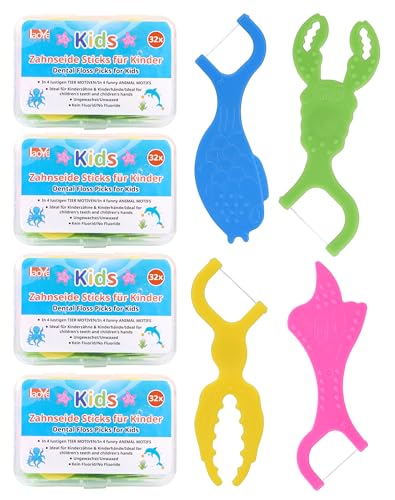 128 PCS Zahnseide Kinder Flossers Kid Zahnseide Sticks für engen Zahnzwischenräume Dental floss Kids Dental Sticks mit kindergerechtem Griff, 4 Ocean-Tierformen, bunte Farben