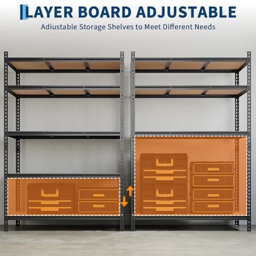 Image of Storage Shelves 5 Tier Garage Shelving Heavy Duty Adjustable Metal Shelving Unit, Garage Shelves for Basement, Warehouse, Pantry, Closet, Kitchen 72 inch H x 35.5 inch W x 12 inch D, Black,2 Pack