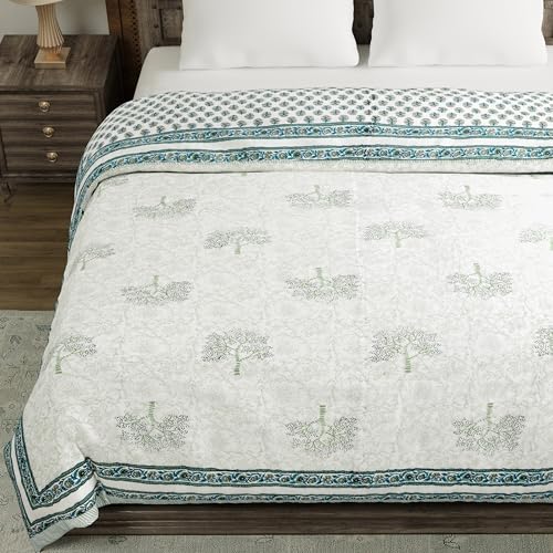 Image of BLOCKS OF INDIA Hand Block Printed Cotton King Size Quilt /Rajai | Green Tree
