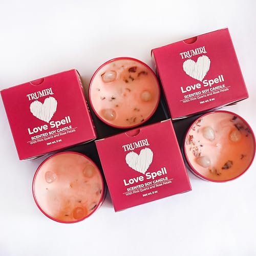 Love Spell - Scented Candles for Women & Men with Rose Petals and Crystals - Pack of 3 x 5oz Soy Clean Organic Non Toxic - Velas Aromáticas - Aromatherapy Spa Valentines Gift Candel