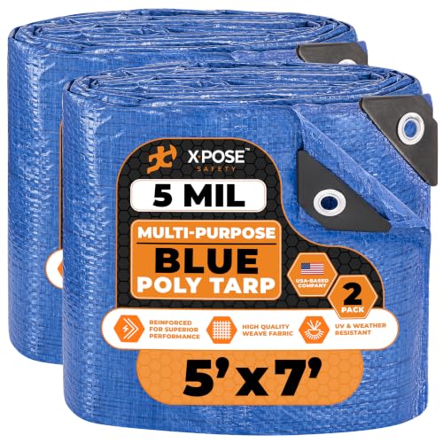Image of Better Blue Poly Tarp 5' x 7' (2-Pack) - Multipurpose Protective Cover - Lightweight, Durable, Waterproof, Weather Proof - 5 Mil Thick Polyethylene - by Xpose Safety