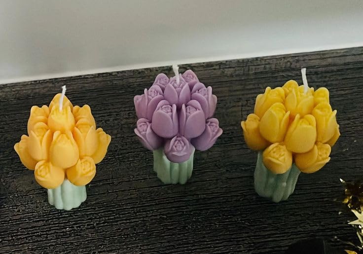 Image of Tulip Flower Scented Candle, Pink and Green, Decorative Bouquet Design for Home Decoration and Gift (4, Yellow)