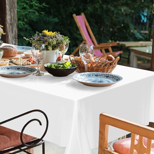 Image of 2 Pack Picnic Table Cover, White Tablecloth for 6 FT Rectangle Table Party | 108 x 54 Inches, Quality Plastic, Disposable, for Rectangle and Round Table Birthday Party Decorations Wedding Decor