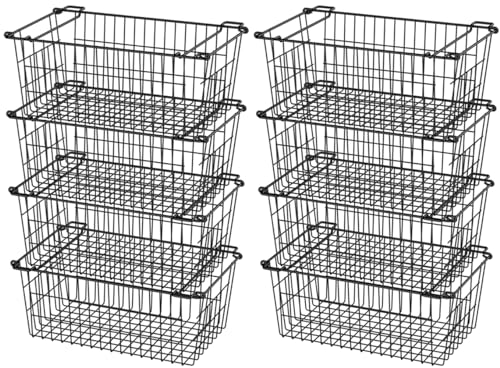 Image of SANNO Freezer Basket Stackable Wire Baskets For Pantry Storage and Organization Pantry Storage Bins With Handles Sturdy Metal Food Baskets Pantry Organized,set of 8,Black