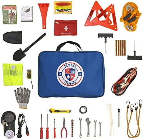 Always Prepared Ultimate (Deluxe) Roadside Emergency Car Kit – with Jumper Cables – All-in-One Auto Safety and First Aid Kit – Travel Safety for Women, Men, and College Kids – Roadtrip Essentials
