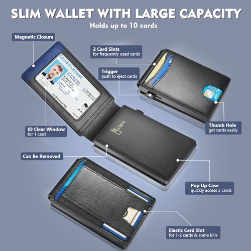 Wallet for Men, Slim Wallet with Pop Up Card Holder, RFID Blocking Bifold Leather Minimalist Wallet, Front Pocket Wallets for Men with ID Window2