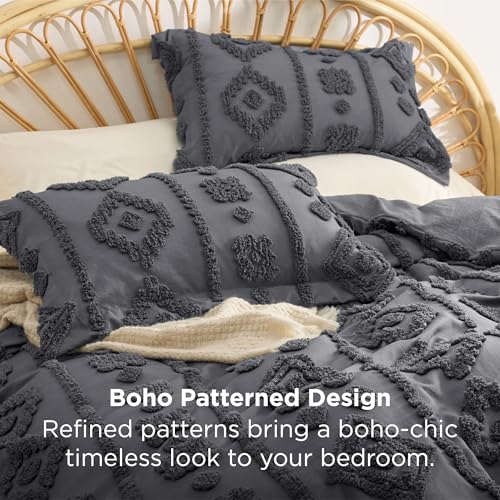 Image of Bedsure Boho Tufted Grey Comforter King Size, GentleSoft 3 Pieces Boho Farmhouse-Style Decor Bedding, Exquisite Bedding for All Seasons, 1 Bed Comforter, 2 Pillow Shams, 104x90 Inches