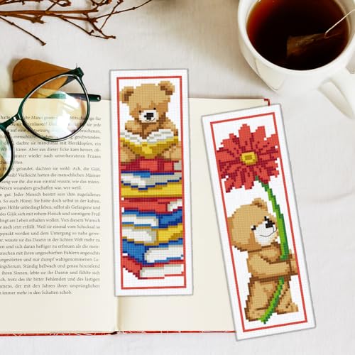 Image of INFUNLY 6PCS Brown Bear DIY Cross Stitch Bookmark Kits 8.5 inchx2.9 inch Cute Bear Stamped Embroidery Kits with Instructions Balloons Gift Box Needlepoint Bookmark Kits for Book Lovers Readers Writers