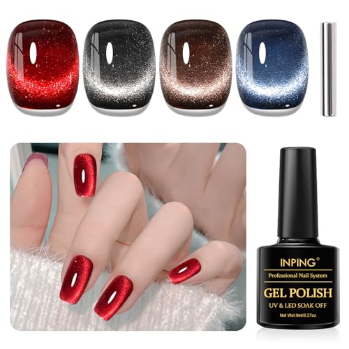 INPING Vernizes semipermanentes para unhas, 4 cores vermelho preto castanho azul Cat Eye Pinta-unhas semipermanentes com íman, Pinta-unhas de gel Soak Off UV LED adequado para iniciantes, manicure 8