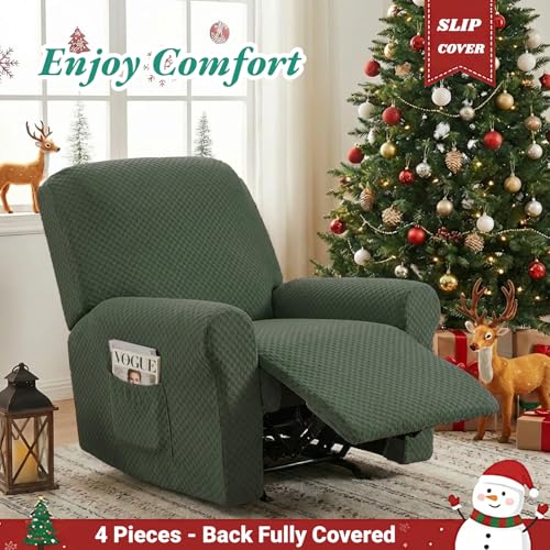 Image of YEMYHOM 4 Pieces Stretch Recliner Slipcover Jacquard Recliner Chair Cover with Side Pocket Anti-Slip Fitted Recliner Cover Couch Furniture Protector with Elastic Bottom (Recliner, Army Green)