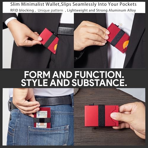Image of Card Holder Wallets for Men | Slim Aluminum Wallet | RFID Blocking Minimalist Metal Pop Up Wallet | Money Clip & Cash Band | Expandable Compact Plate | Men's Accessories & Gifts for Men,Red