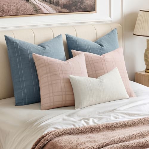 Image of MIULEE Decorative Linen Check Throw Pillow Covers Neutral Farmhouse Vintage Spring Valentine Spring Pillow Covers 18x18 Set of 2 Boho Modern Home Decor for Sofa Couch Bedroom Cushion Light Pink