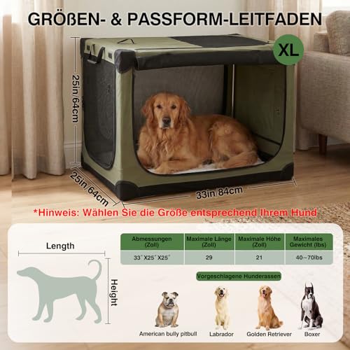derimkcoa 83 * 64 * 64CM Hundebox faltbar, Hundetransportbox Auto für mittelgroße bis große Hunde bis 27 kg, tragbare Soft-Hundebox mit reißfesten Netzfenstern, Plüschmatte und Tragetasche,Grün