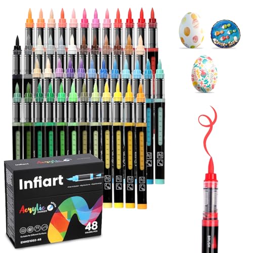 Image of Acrylic Paint Markers Brush Tip 48 Colors Acrylic Paint Pens Automatic Ink Control Acrylic Markers for Wood, Stone, Glass, DIY & Art Supplies