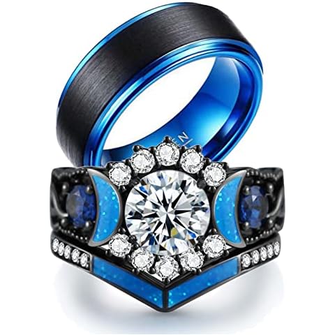ringheart Couple Rings Black Matching Ring 1.5ct CZ Women Wedding Ring Sets for Him and Her Ring Sets Moon Ring Cover