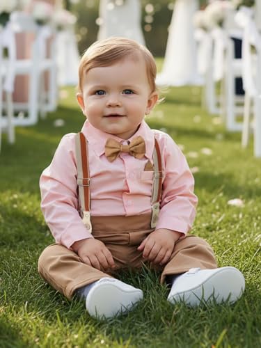 Image of Boarnseorl Baby Boys Pants Sets, Infant Long Sleeve Shirt + Pants + Bow Tie + Suspenders Outfits