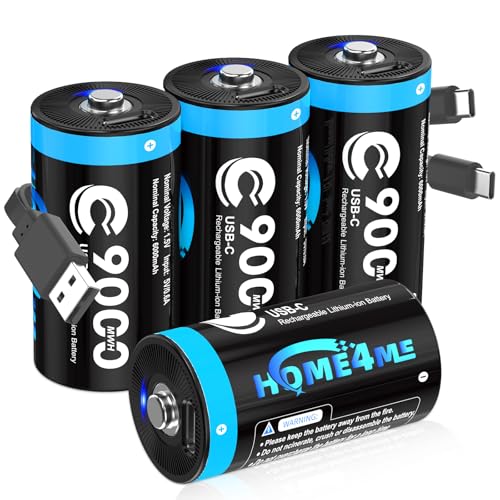 Home4me Rechargeable C Batteries 4 Pack, 9000mWh Rechargeable Lithium C Batteries, 1.5V C Cell Battery with 2 in 1 USB-C Charging Cable for High-Drain Devices Like Flashlights, Toys, Radios