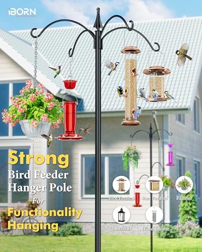 iBorn 1“ Thickness Shepherds Hooks for Outdoor Bird Feeder Pole 78" Height Wild Bird Feeder Stand Shepherds Hook for Hummingbird Feeder, 4 Top Hooks,5 Base Prongs (Feeders NOT Included) - 3