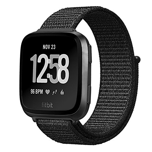 amBand Compatible for Fitbit Versa Bands Soft Nylon Sport Strap Replacement Wristband Compatible for Fitbit Versa Fitness Smart Watch - Dark Black