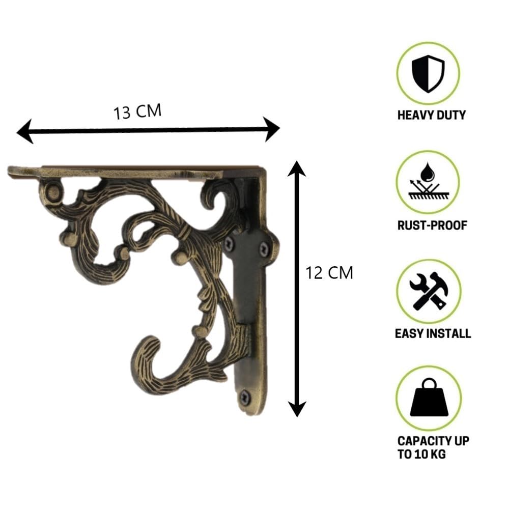 Metal Handcrafted Shelf Bracket for Floating Shelves L Angle Decorative L Shaped Corner Brace Joint Heavy Duty Wall Mounted Shelf Supporter Corner Brace Holder (Pack of 2, Brass Antique) — Amazon image 7