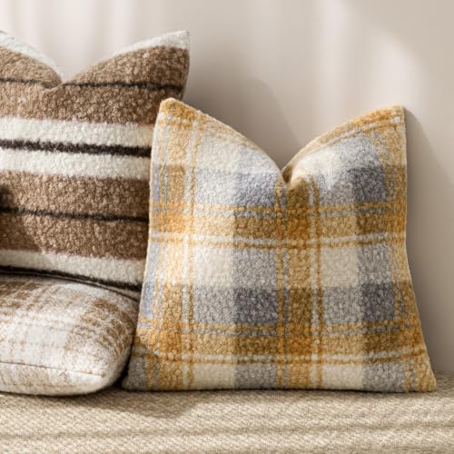 Image of Foindtower Pack of 2 Soft Faux Fur Boucle Throw Decorative Pillow Covers Fuzzy Accent Check Cushion Sherpa Boho Farmhouse Pillowcase for Couch Sofa Bed Living Room Home Decor 20x20 Inch,Amber and Blue