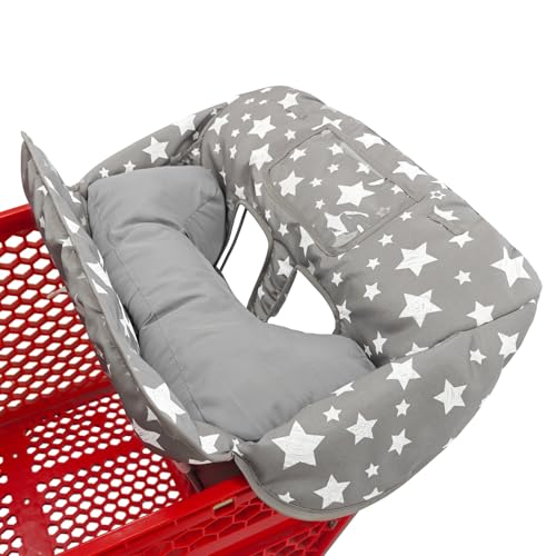 Image of Soft Pillow Attached 2-in-1 Shopping Cart and High Chair Cover for Baby, Cotton Padded Cart Cover, Fold'n Roll Style, Portable with Carry Bag (Gray Stars)
