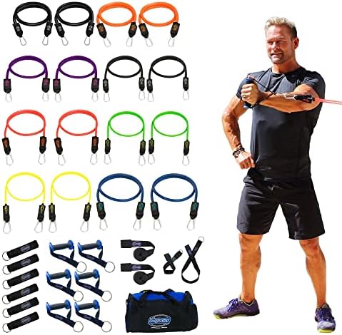 Bodylastics Resistance Band Set-Resistance Bands with Handles, Ankle Straps, Door Anchor, Carry Bag Heavy-Duty Stretch Exercise Bands-Patented Clips and Snap Reduction Tech (3-564LBS Set Assorted)