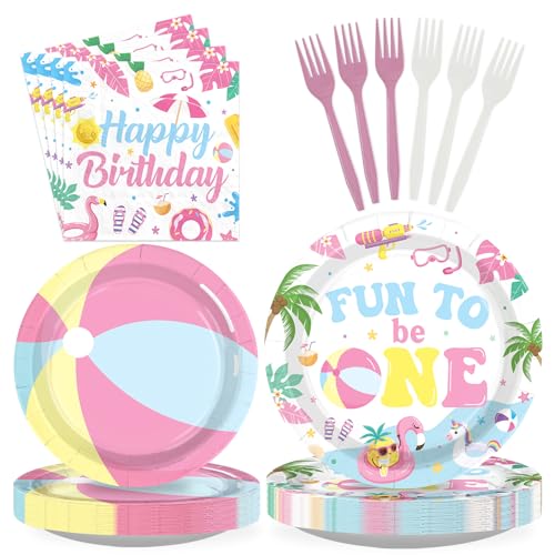 Greencian 96 Pcs Beach Ball Party Supplies Summer Pink Beach Ball 1st Birthday Plates and Napkins Fun to Be One Tableware Sets for Luau Pool First Birthday Baby Shower Party Decorations Serves 24