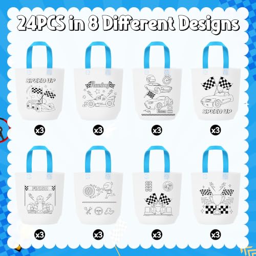 Image of Race Car Coloring Goodies Bags for Kids-24Pcs Racing Themed Bulk Color Your Own Gift Bags with Handle Reusable Non-Woven DIY Coloring Tote Bags for Summer Holiday DIY Activity Birthday Party Supplies