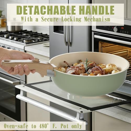 Image of Umite Chef Non Stick Pots and Pans Set, 21 Pcs Ceramic Kitchen Cookware Set with Detachable Handle, Nonstick Healthy Induction Cookware, Dishwasher RV Cookware Set, Oven Safe, Stackable, Sage Green