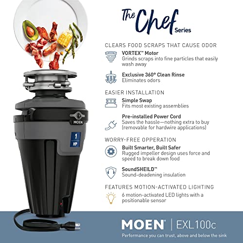 Image of Moen Chef Series 1 HP Continuous Feed Lighted Garbage Disposal with Sound Reduction for Under Sink, Power Cord Included, EXL100C