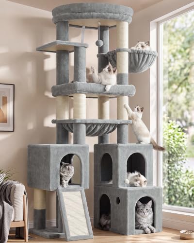Image of Globlazer Tall Cat Tower for Indoor Adult Cats, 72-inch, S72G, Light Grey | Heavy Duty Cat Tree House for Big Cats with 2 Extra-Large Padded Platform, 7 Sisal Scratching Posts, 3 Large Condos