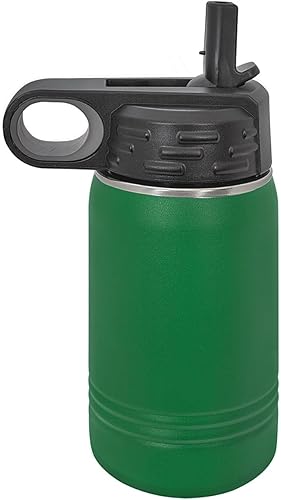 Miniatura 2 de LaserGram Botella de agua con tapa abatible de doble pared de 12 onzas con pajilla, retroexcavadora, grabado personalizado incluido (verde)