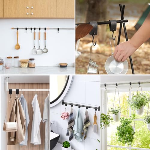 Teokantz 12 Stück S Haken Schwarz mit Lederschlaufe, Haken für Kleiderstange, Kleiderhaken mit Lederschlaufe, Haken zum Einhängen für Küche Bad Schlafzimmer Wohnzimmer
