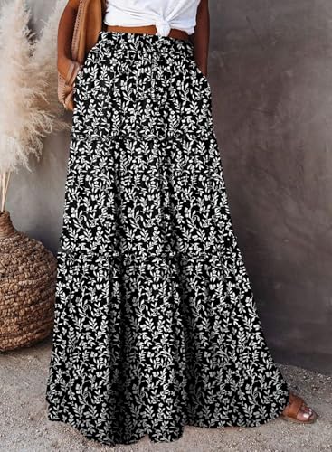 Image of Happy Sailed Womens Floral Print Boho Maxi Skirt Elastic High Waist Pleated Ruffle Flowy Long Skirts S-XL
