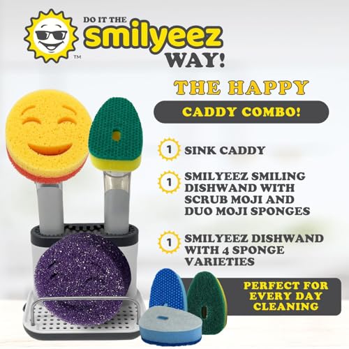 Image of The Original Smiling Handle with Soap Dispensing for the Smiling Sponge with Smilyeez Caddy, Dishwand with Sponges, and 2 Scrub Mojis (Black)