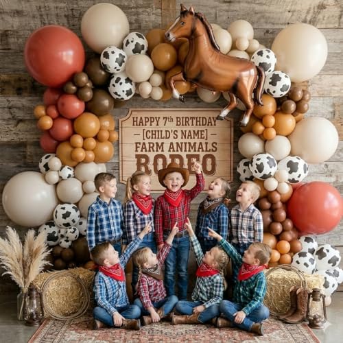 Image of 148Pcs Western Balloon Arch Garland Kit with Red Brown White Cowprint Horse Balloons for Boy First Rodeo, Wild West Country Birthday Decorations, Farm Fiesta Party Decor