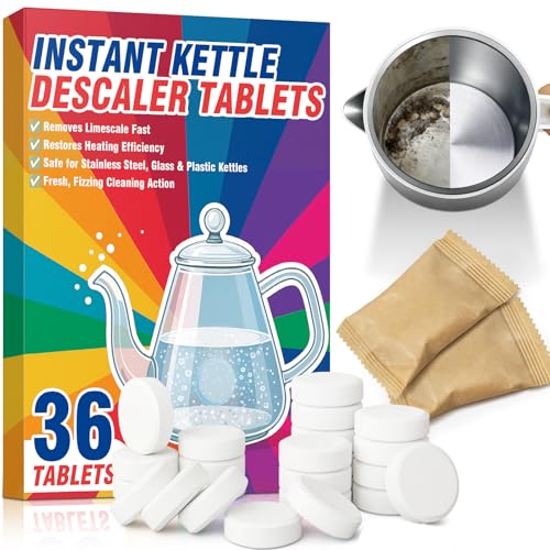 Pastillas descalcificadoras para hervidores, 36 pastillas potentes que eliminan la cal de hervidores de acero inoxidable, vidrio y plástico, fácil de usar, suministro de 1 año