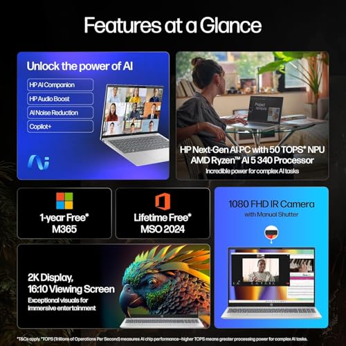 Image of HP Smartchoice OmniBook 5 (Previously Pavilion) 50 Tops, AMD Ryzen AI 5 340 (16GB LPDDR5X, 512GB SSD) WUXGA 2K, 16'' /40.6cm, Win11, Office24, Silver, 1.79kg, ag1037au, Next Gen AI Copilot+ Laptop