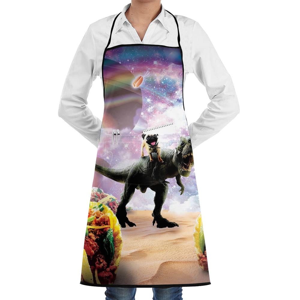 Space Pug Riding Dinosaur Unicorn Taco Aprons for Women Men Kitchen Chef Apron with Pocket Bib Apron for Cooking Baking BBQ