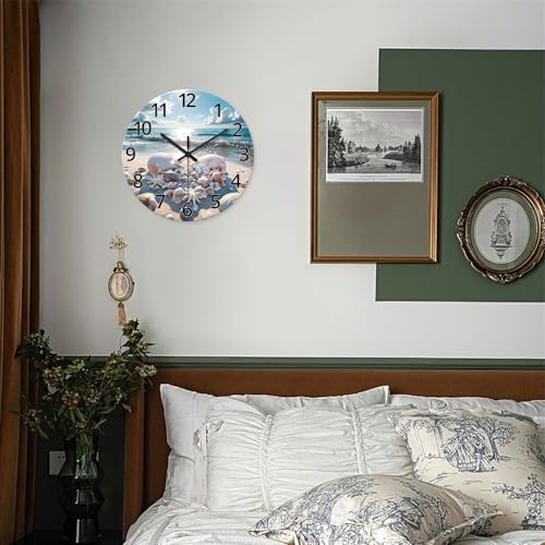 Image of XNM Analog Glass Blue Beach Wall Clocks Battery Operated 12 Inch | Round Sea Shell Wall Clocks for Living Room Bathroom Bedroom Kitchen Office Coastal Modern Wall Clock Non Ticking