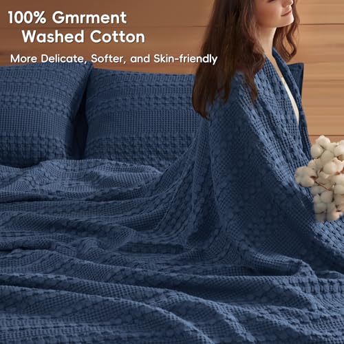 Image of PHF 100% Cotton Waffle Blanket Oversized King 120 inchx120 inch, Lightweight Breathable Extra Large 10'x10' Blankets for Bed, Giant Big Luxury Aesthetic Woven Bedding for Home Decor, Blue Sapphire