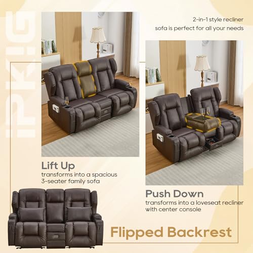 Image of IPKIG 67 inch RV Loveseat Double Recliner Sofa with FILP Back Console, Storage Drawer, Side Pockets, Faux Leather Manual Reclining Chair Home Theater Seating (Brown)