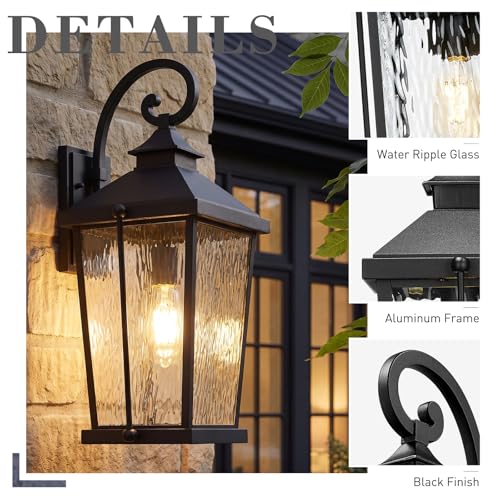 Image of zeyu 22 Inch Outdoor Wall Lamp, 1-Light Large Outdoor Wall Lighting for House Porch, Die-Cast Aluminum in Black Finish, Water Ripple Glass, ZW105B-M BK-SW