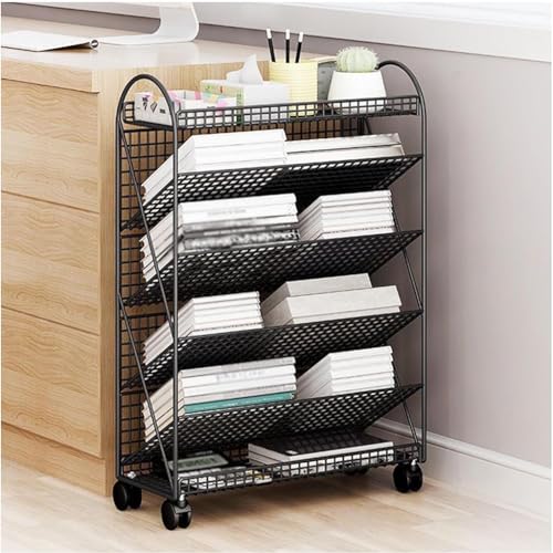 Mobiles Bücherregal mit großem Fassungsvermögen, 6 Etagen, Zeitschriftenhalter aus Metall mit Rollen, multifunktionales Bücherregal for die Dateiorganisation im Klassenzimmer, Büro, Zuhause und Arbeit