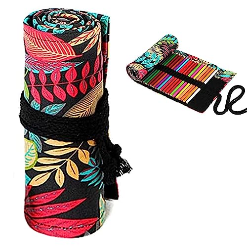 PATPAT 72 Holes Canvas Pencil Wrap Case for Adults and Kids, Colored Pencil Roll Up Canvas Pouch Package for Sketching Drawing Writing Storage -Rainforest