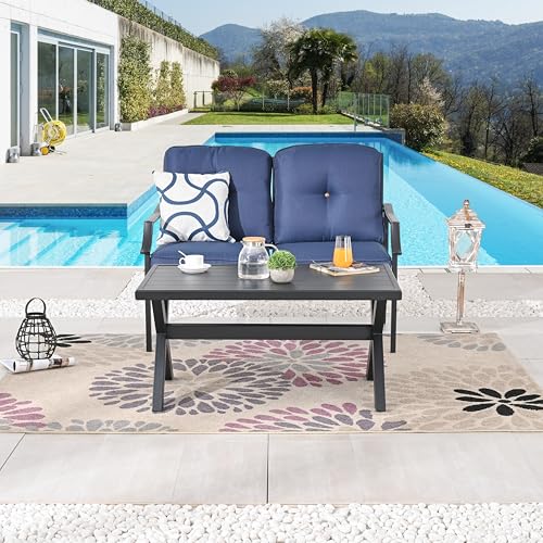 LOKATSE HOME 2 Pieces Outdoor Patio Conversation Furniture Metal Bench Sofa Set Loveseat with Cushion and Coffee Table, Blue